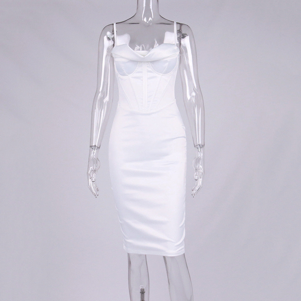 Women Fashion Sexy Satin Fish Bone Pleated Spaghetti Straps MidI Skirt Dress