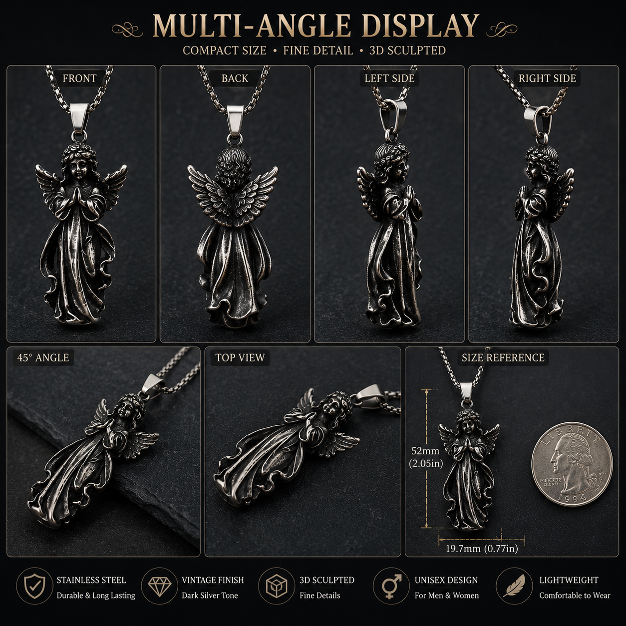 Unisex Vintage Angel Pendant Necklace Stainless Steel Dark Silver Gothic Prayer Angel Charm Chain Necklace Gift for Men Women PN0019