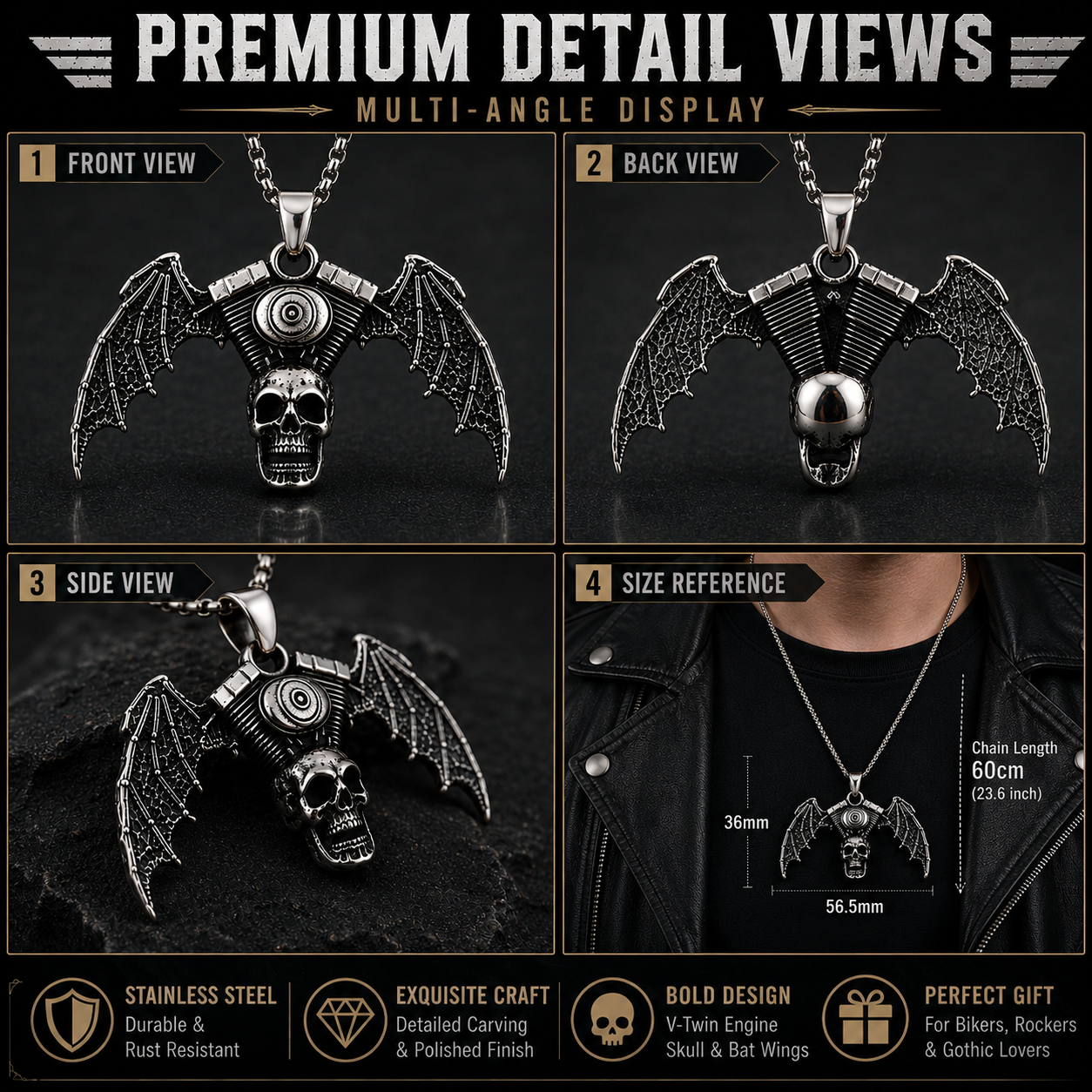 Vintage Biker Skull Bat Wing Pendant Necklace Gothic Motorcycle Engine Chain PN0025