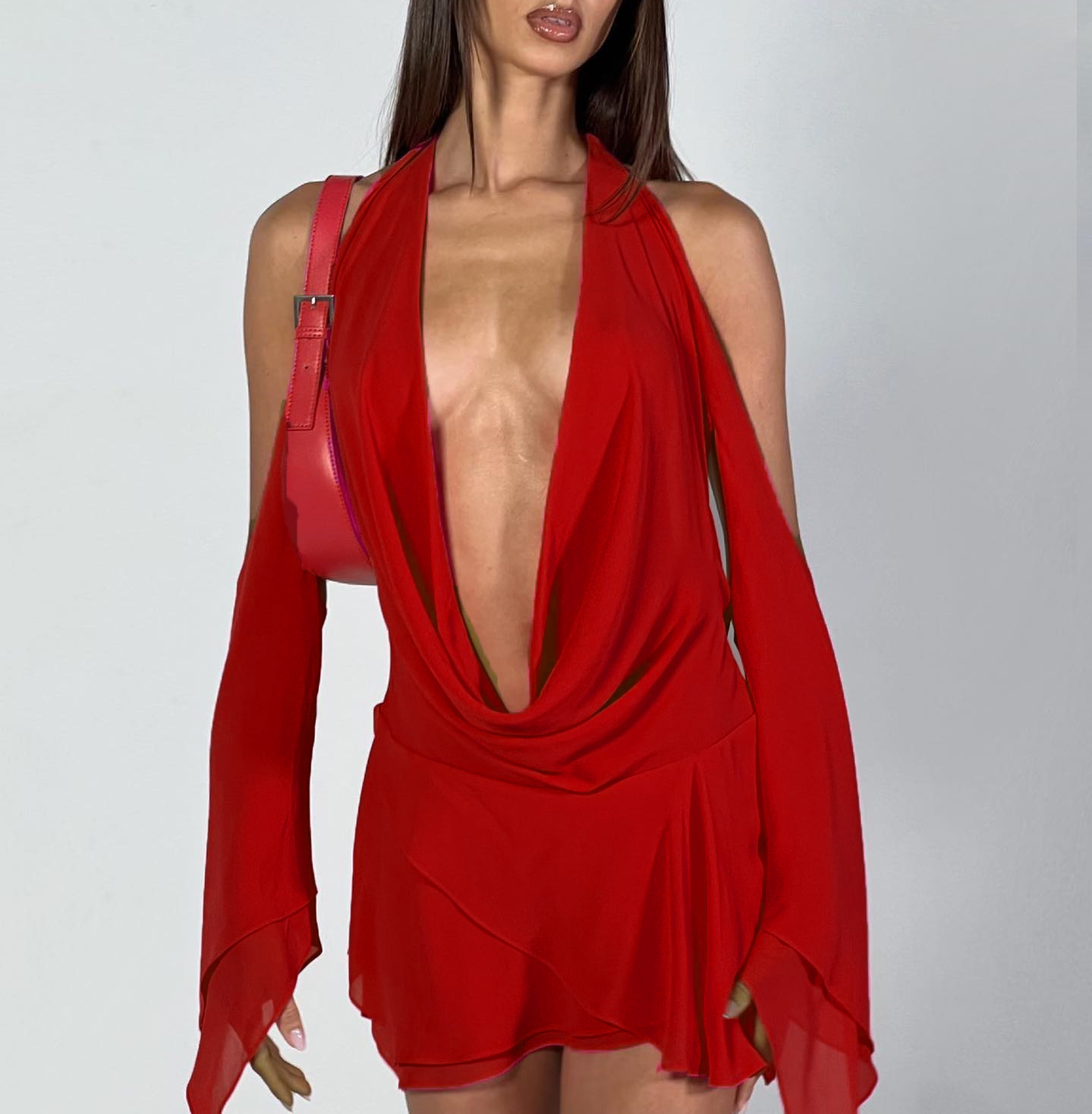 Women Sexy Milk Fiber Halter V-Neck Flared Sleeve Backless Miniskirt Dress