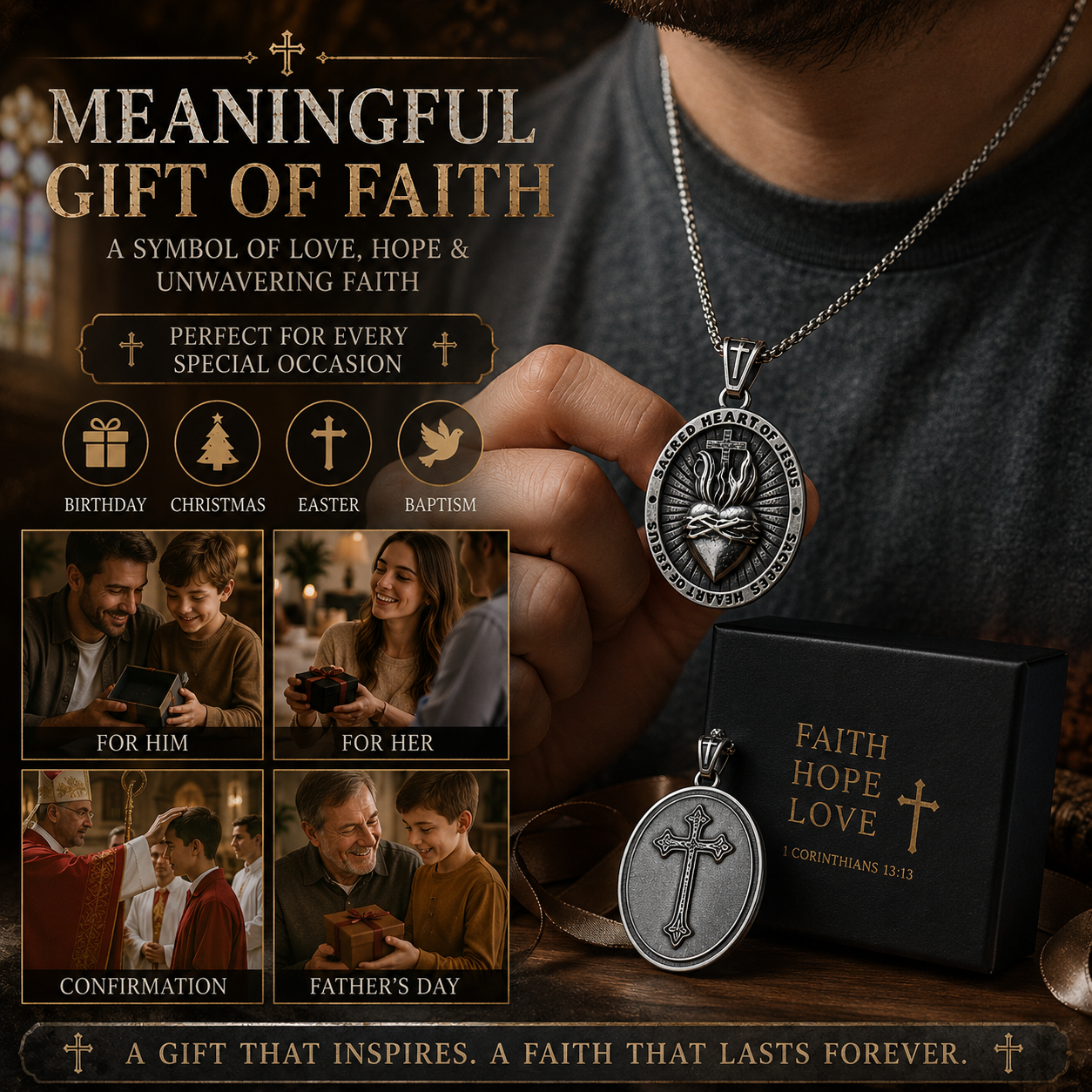 Sacred Heart of Jesus Pendant Necklace for Men Women, Double Sided Stainless Steel Christian Cross Medal, Vintage Dark Silver Religious Necklace with 60cm Box Chain, Catholic Faith Gift #PN0031