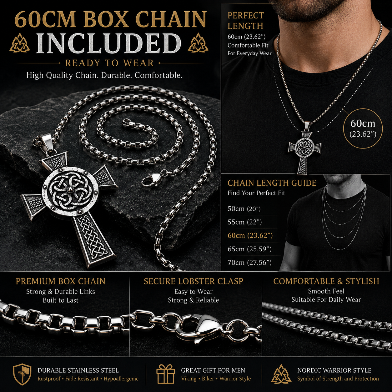 Men's Viking Cross Pendant Necklace Celtic Knot Nordic Odin Warrior Amulet Stainless Steel Chain Gift PN0161