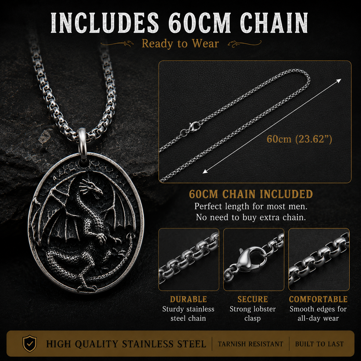 Vintage Dragon Pendant Necklace for Men Stainless Steel Gothic Biker Fantasy Style Necklace Dark Silver Finish Chain PN0020