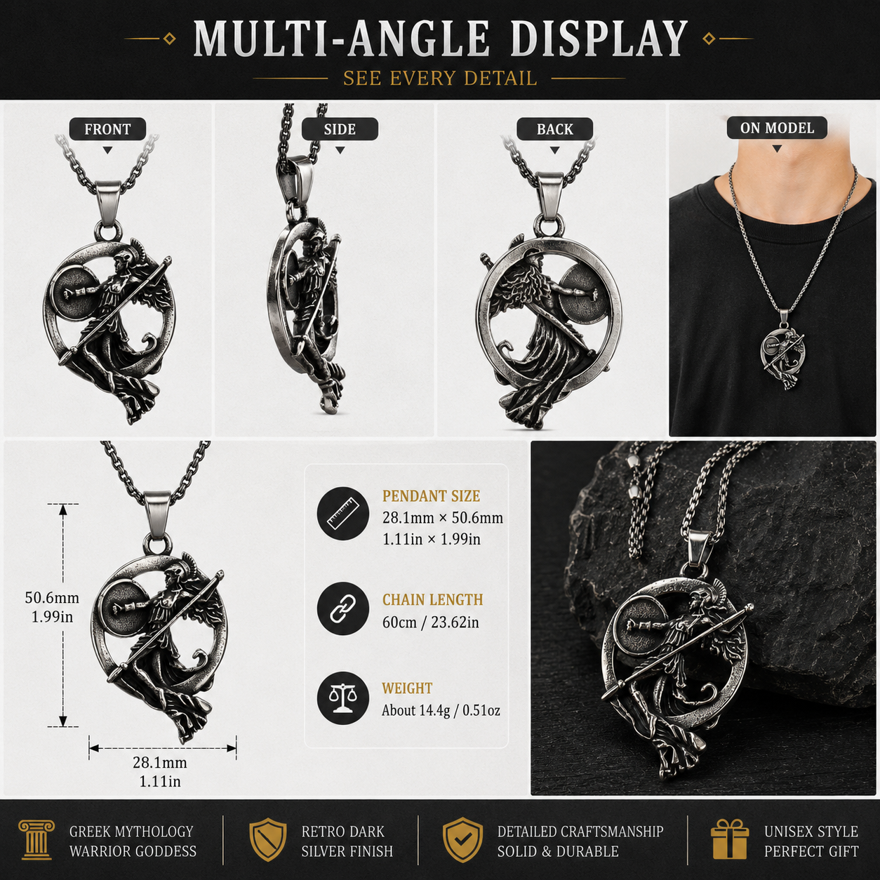 Unisex Retro Greek Goddess Warrior Pendant Necklace Dark Silver Stainless Steel Mythology Chain Gift PN0015