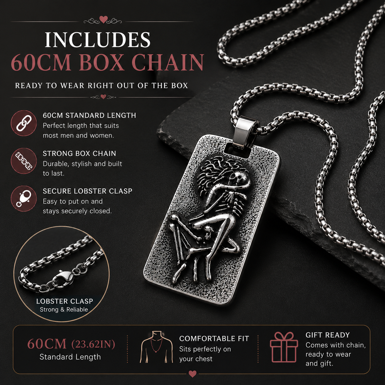 Gothic Skeleton Lovers Pendant Necklace Stainless Steel Dark Silver Gothic Jewellery Chain Gift For Men Women #PN0023