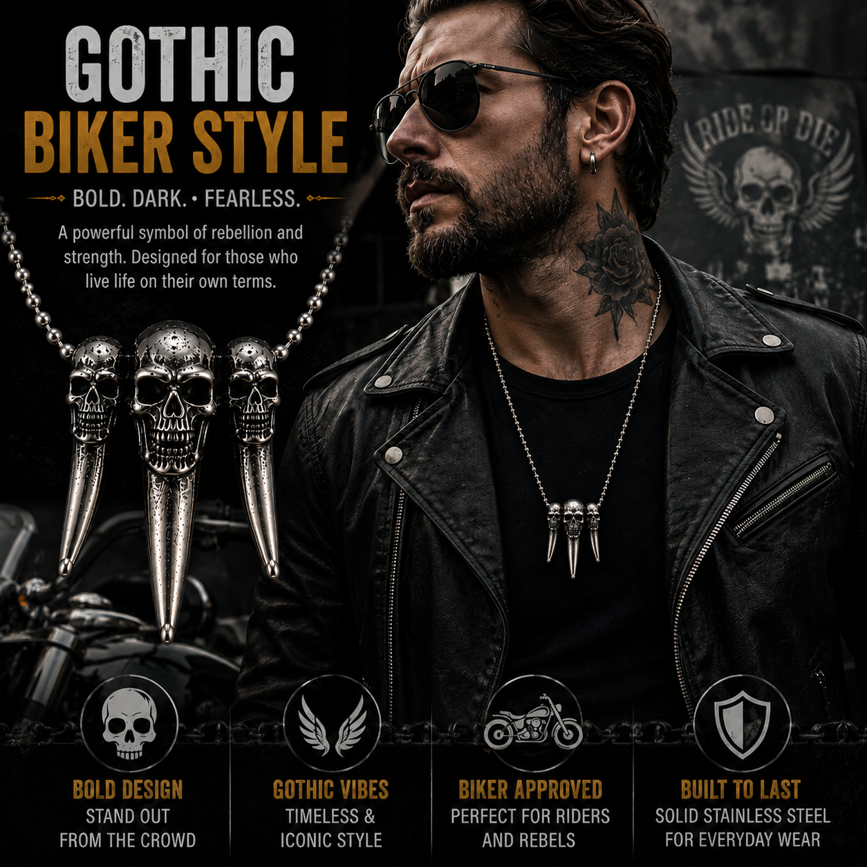 Triple Skull Tooth Pendant Necklace Mens Gothic Viking Biker Punk Stainless Steel Chain #PN0007