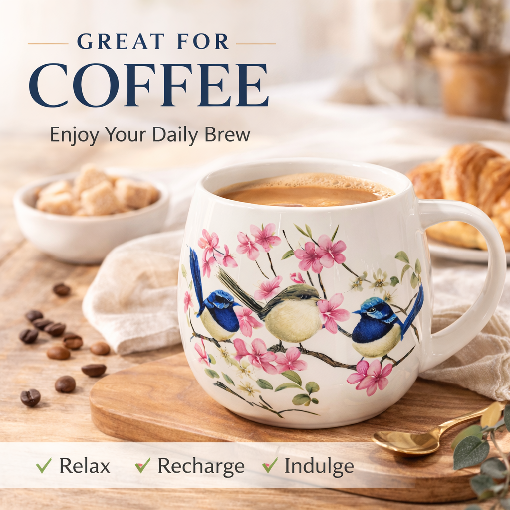 Blue Wren Bird Floral Mug 400ml Fine Porcelain Coffee Tea Cup Birthday Gift Box