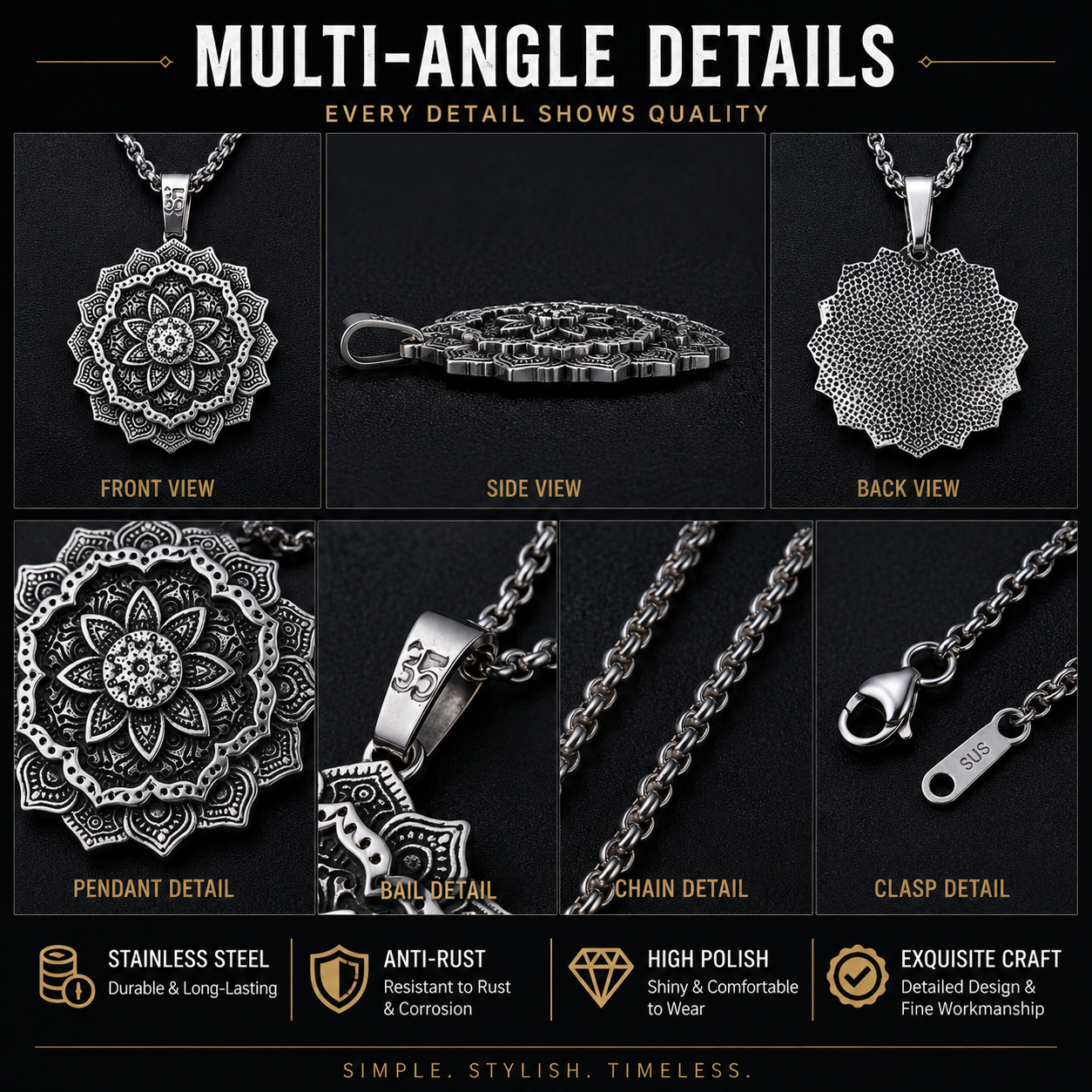Unisex Vintage Flower Pendant Necklace Stainless Steel Zen Yoga Punk Necklace with 60cm Chain Gift for Men Women PN0016