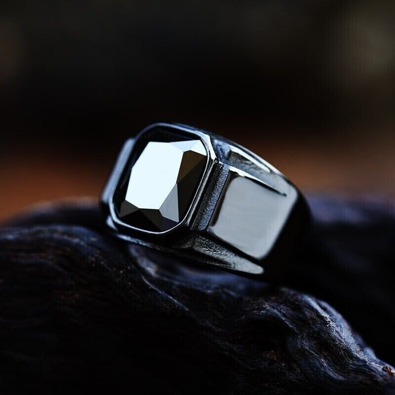 Men Biker Square Signet Ring Black or Red Synthetic Stone Vintage Statement Band # R321