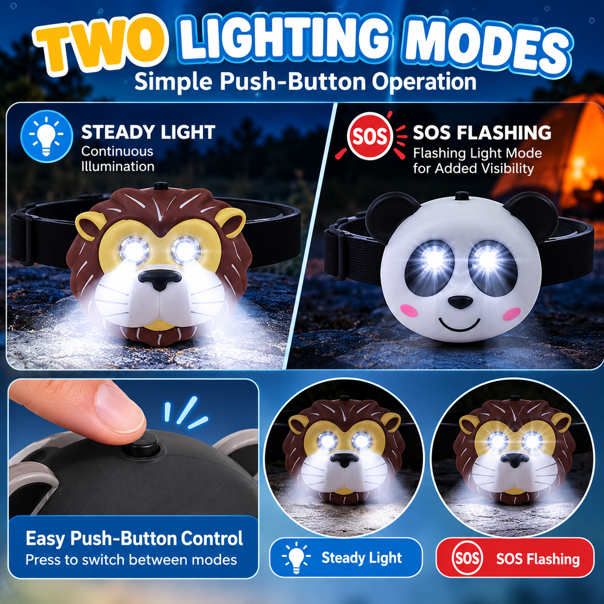 Cute Animal LED Head Torch Headlamp Adjustable Camping Light Flashlight