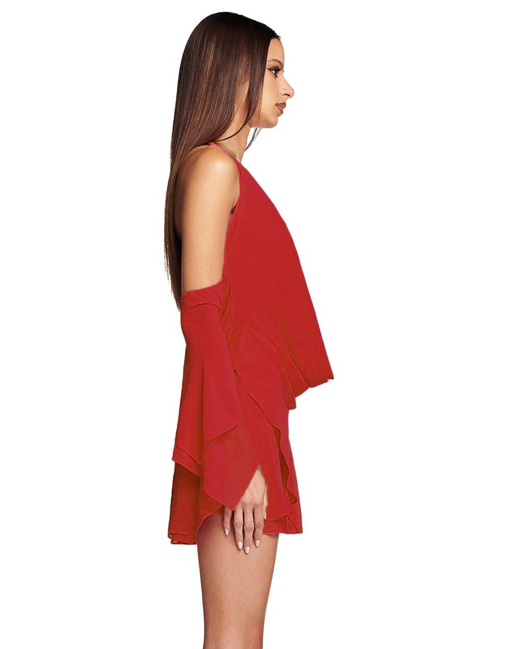 Women Sexy Milk Fiber Halter V-Neck Flared Sleeve Backless Miniskirt Dress