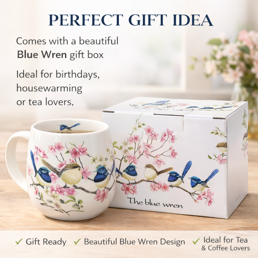 Blue Wren Bird Floral Mug 400ml Fine Porcelain Coffee Tea Cup Birthday Gift Box