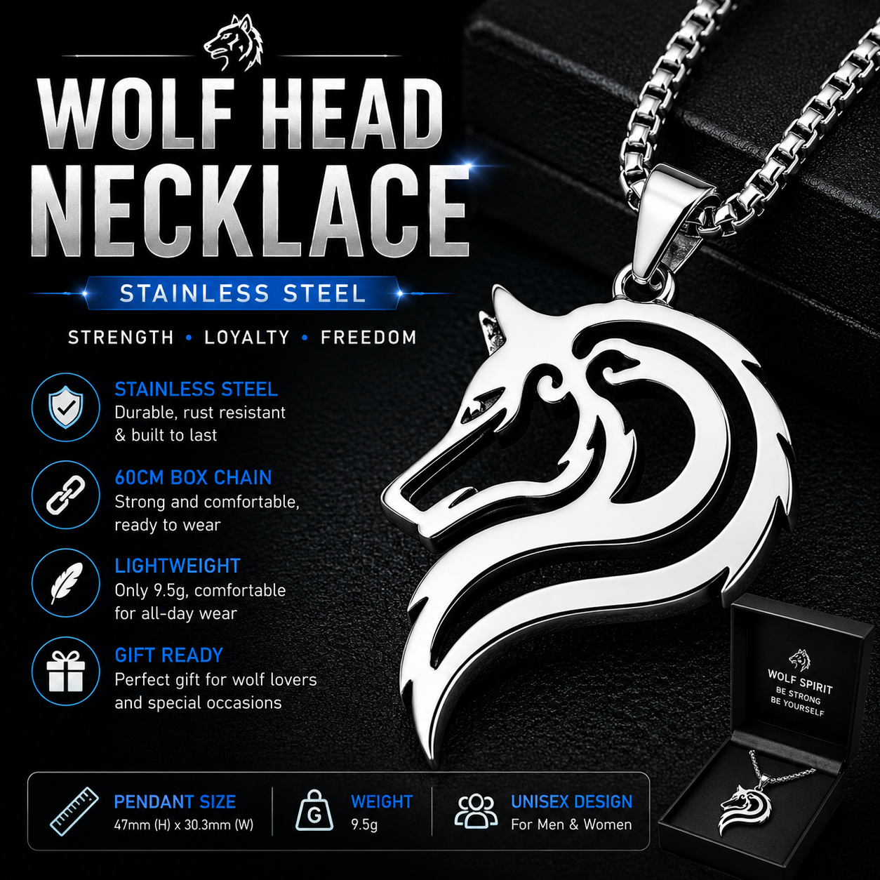 Wolf Head Pendant Stainless Steel Silver Tribal Animal Totem Wolf Necklace Chain PN0012