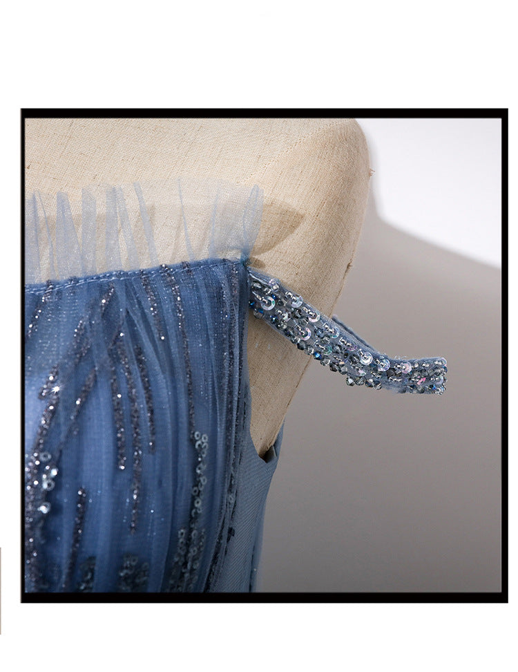 Women V-Neck Banquet Wedding Dress Cold Shoulder Evening Dress Shaggy Skirt