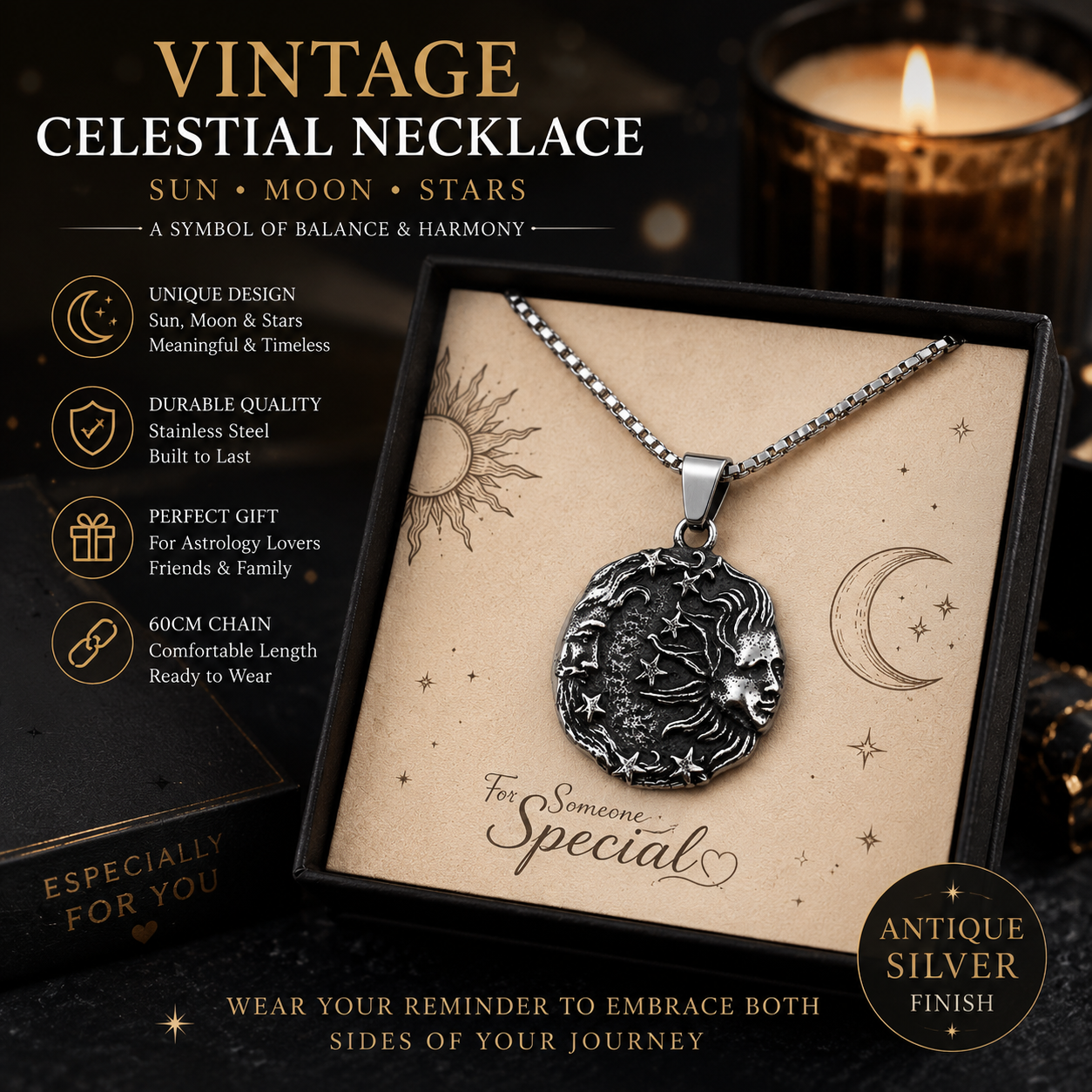 Vintage Sun Moon Face Pendant Necklace Antique Silver Celestial Stainless Steel Necklace Cosmic Star Pendant with Chain Gift PN0018
