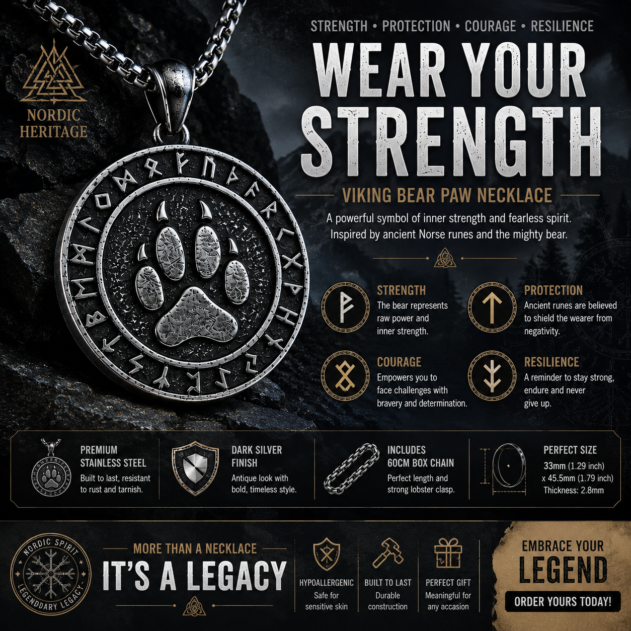 Viking Bear Paw Rune Pendant Necklace Nordic Amulet Stainless Steel Symbolic Totem Gift PN0069