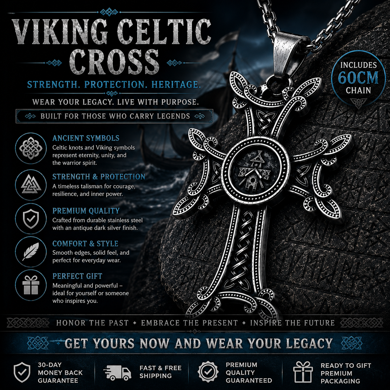 Nordic Viking Cross Pendant Necklace Celtic Knot Stainless Steel Norse Medieval Jewellery 60cm Chain Gift For Men PN0159
