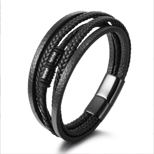 Men Cuff Vintage Wrist Rope PU Leather Bracelet Bangle Stainless Steel Buckle