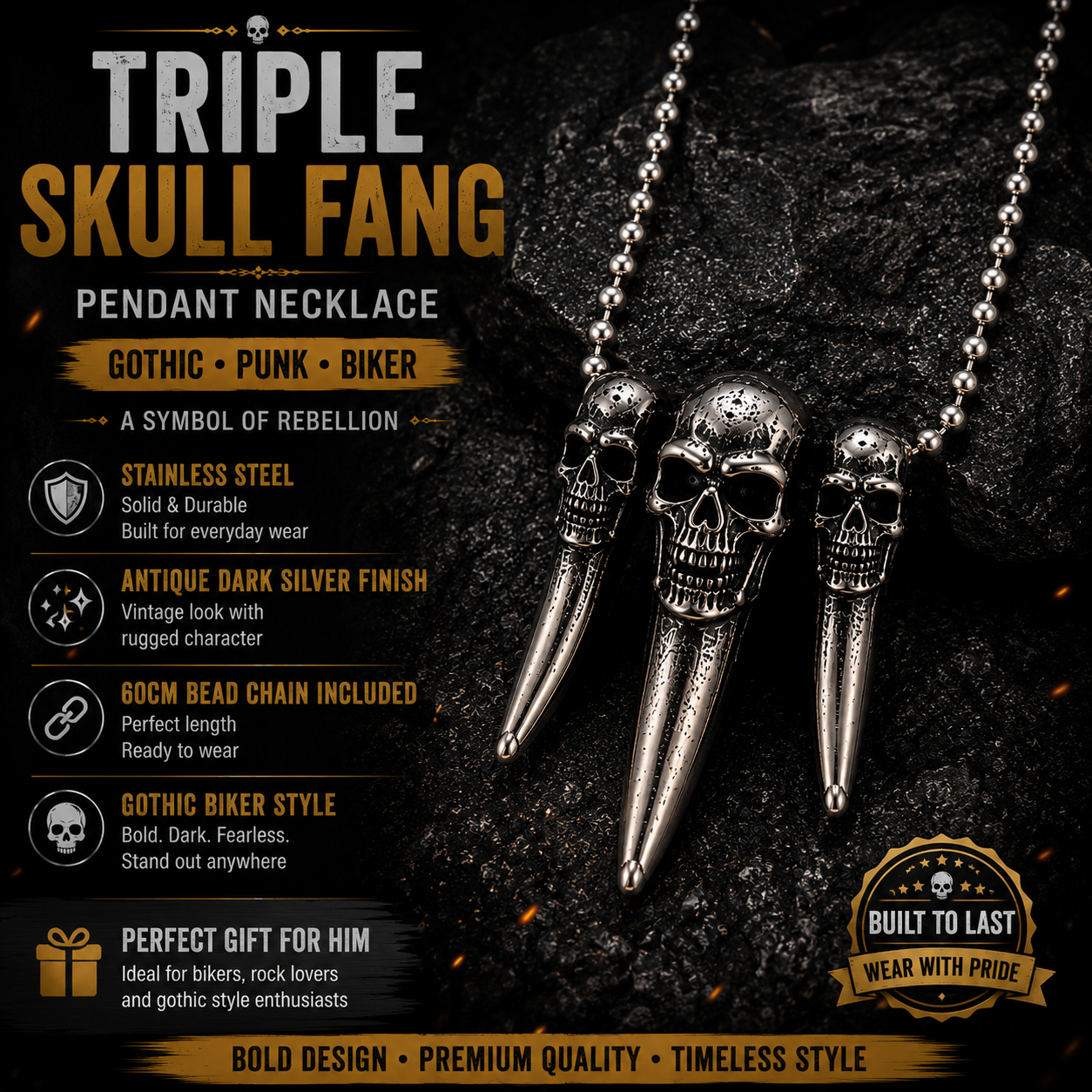 Triple Skull Tooth Pendant Necklace Mens Gothic Viking Biker Punk Stainless Steel Chain #PN0007