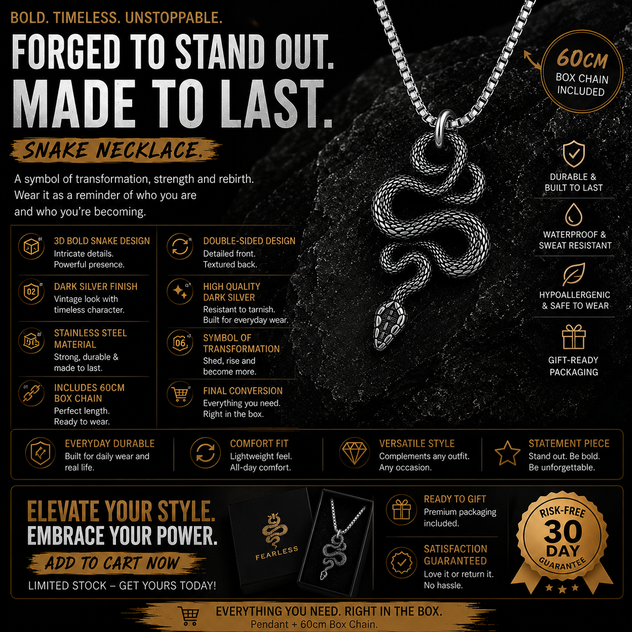 Gothic Snake Pendant Necklace Stainless Steel Serpent Biker Necklace Jewelry Chain Gift #PN0010