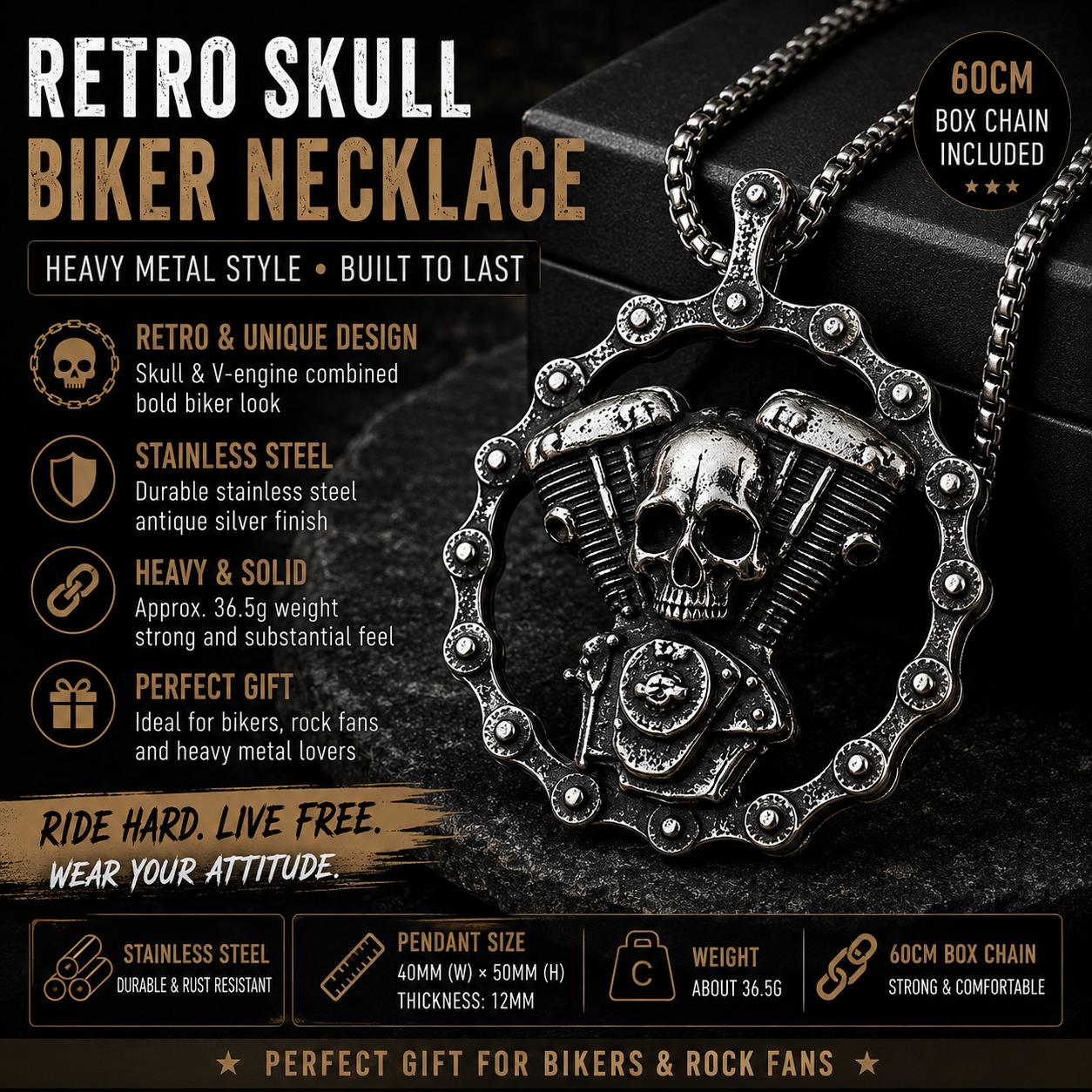 Retro Vintage Skull Motorcycle Engine Pendant Necklace Stainless Steel Biker Punk Gothic Chain Heavy Metal Gift PN0009