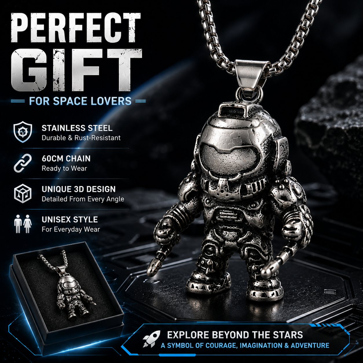 Space Astronaut Necklace Pendant Dark Silver Stainless Steel 60cm Chain Gift PN0028