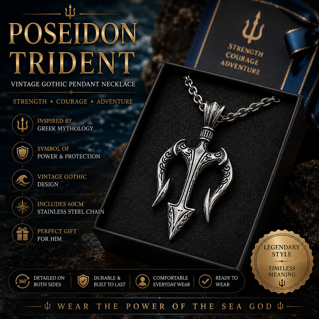 Men Vintage Poseidon Trident Pendant Necklace Gothic Greek Mythology Amulet Stainless Steel Chain PN0002
