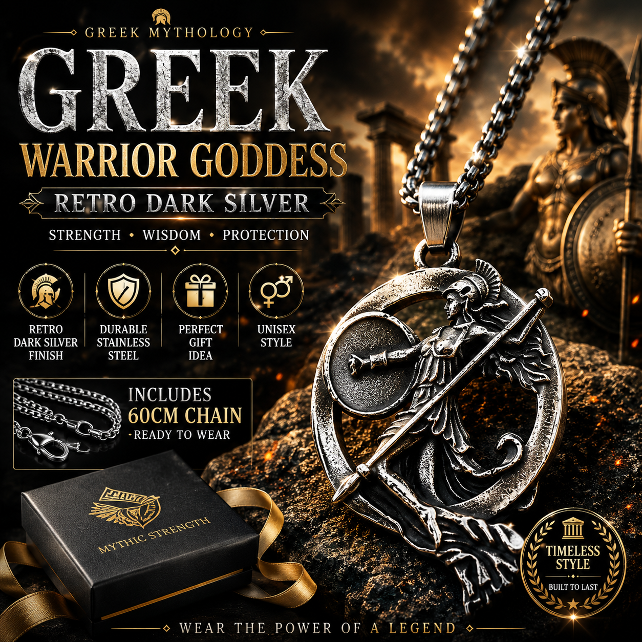 Unisex Retro Greek Goddess Warrior Pendant Necklace Dark Silver Stainless Steel Mythology Chain Gift PN0015