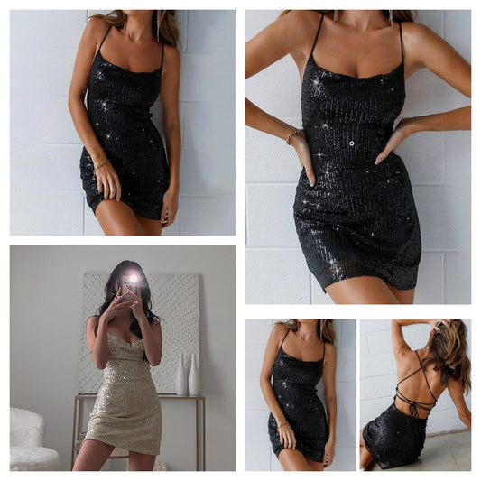 Women Fashion Soft Nightdress Erotic Backless Party Club Prom Glitter Sexy Sequin Bodycon Halter Dress