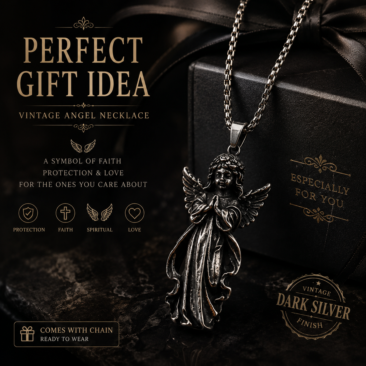 Unisex Vintage Angel Pendant Necklace Stainless Steel Dark Silver Gothic Prayer Angel Charm Chain Necklace Gift for Men Women PN0019