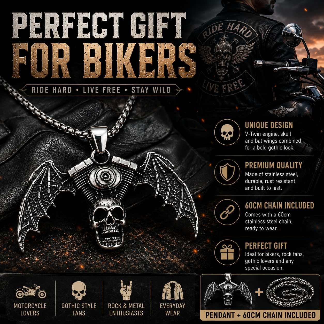 Vintage Biker Skull Bat Wing Pendant Necklace Gothic Motorcycle Engine Chain PN0025