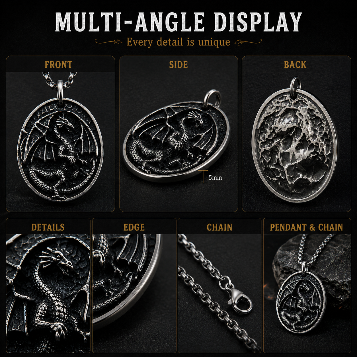 Vintage Dragon Pendant Necklace for Men Stainless Steel Gothic Biker Fantasy Style Necklace Dark Silver Finish Chain PN0020