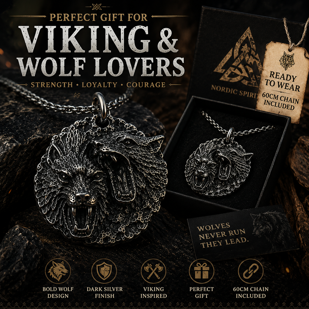 Vintage Wolf Pendant Necklace Dark Silver Stainless Steel Viking Animal Medallion Chain Gift for Men Women PN0017