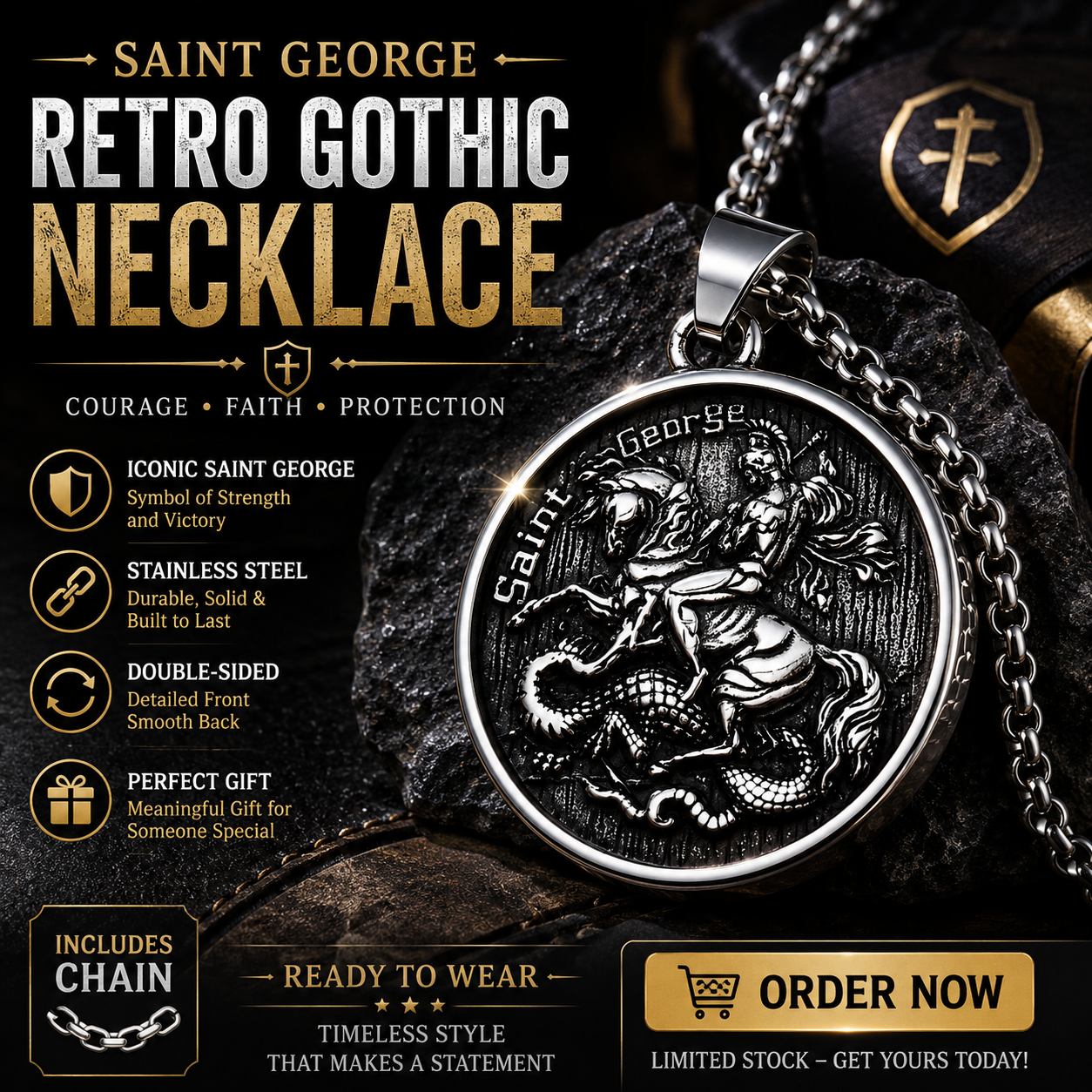 Men Saint George Dragon Pendant Necklace Stainless Steel Round Medallion Chain Gothic Retro Christian Amulet Jewellery Gift PN0006