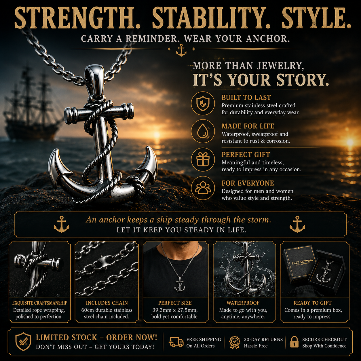 Unisex Anchor Pendant Necklace Stainless Steel Nautical Sailor Rope Charm Vintage Necklace 60cm Chain Gift PN0013