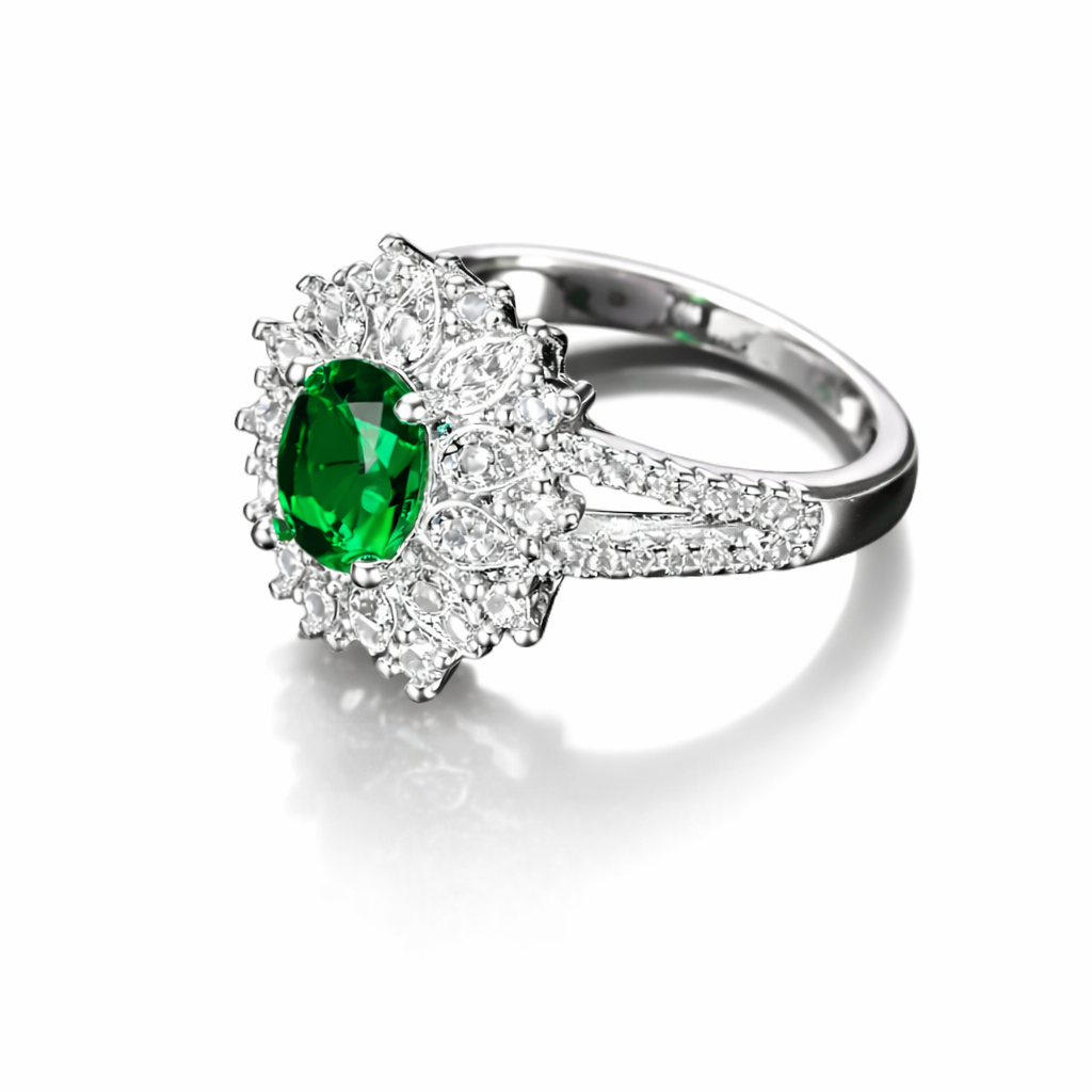 Women Green Oval CZ Halo Ring Silver Tone Alloy Engagement Style Jewellery Gift # R190