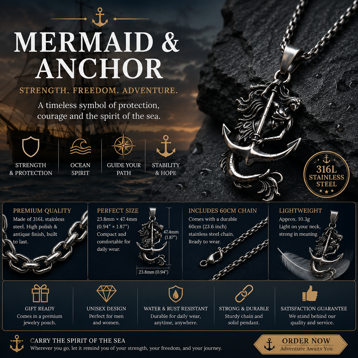 Vintage Mermaid Anchor Pendant Necklace Stainless Steel Dark Silver Nautical Chain PN0021