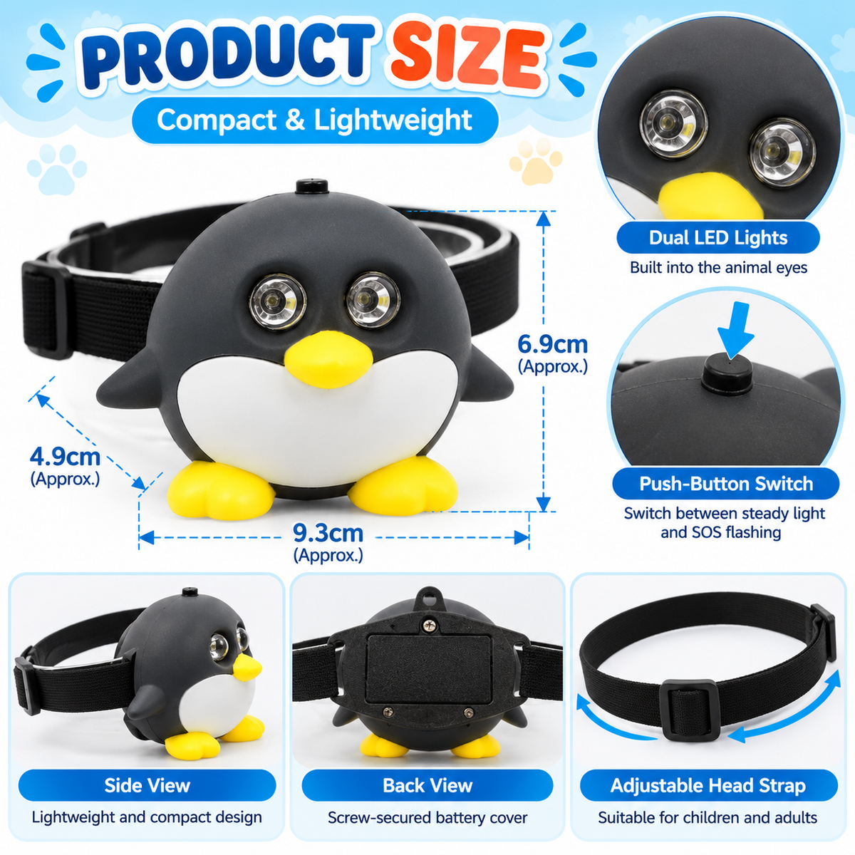Cute Animal LED Head Torch Headlamp Adjustable Camping Light Flashlight