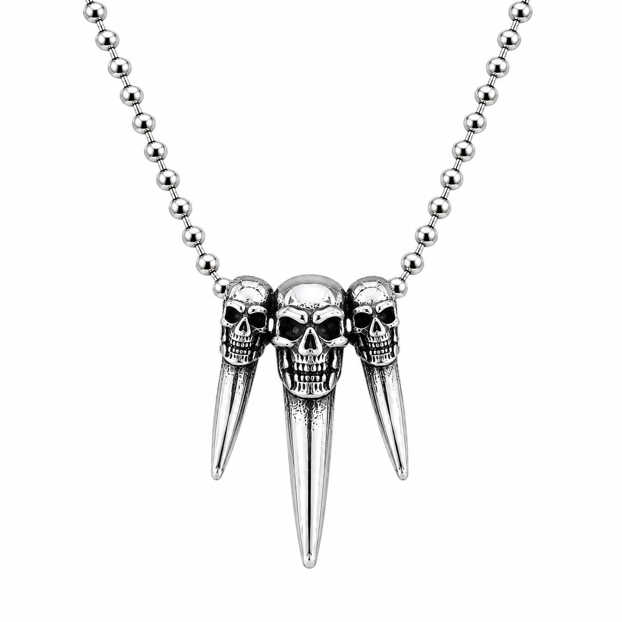 Triple Skull Tooth Pendant Necklace Mens Gothic Viking Biker Punk Stainless Steel Chain #PN0007
