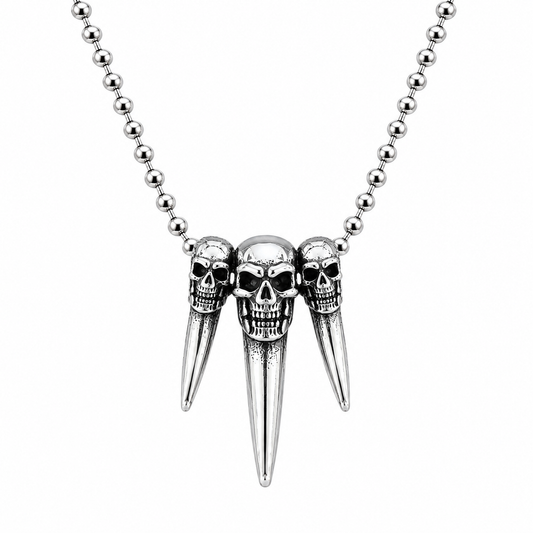 Triple Skull Tooth Pendant Necklace Mens Gothic Viking Biker Punk Stainless Steel Chain #PN0007
