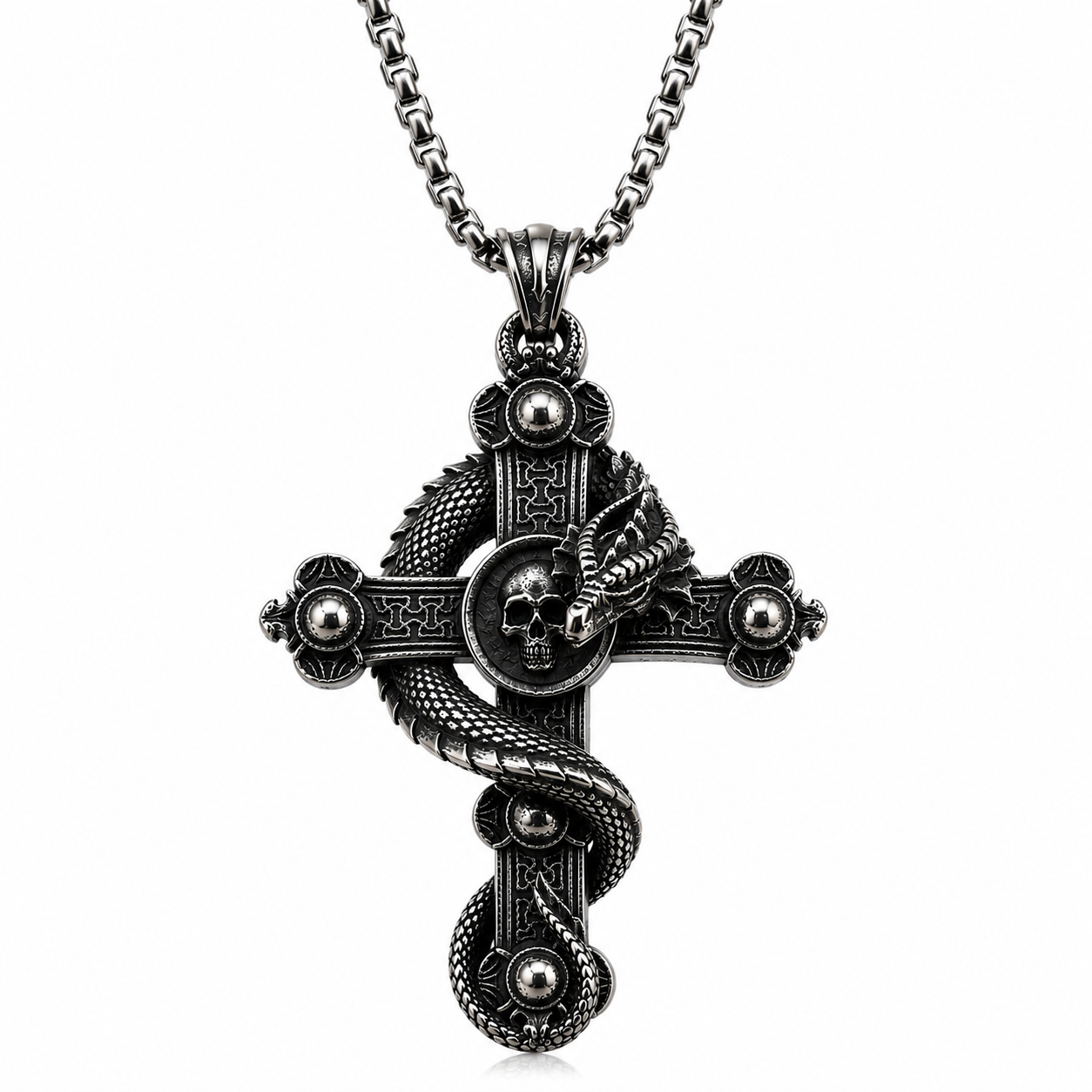 Vintage Dragon Cross Skull Pendant Necklace Men Gothic Stainless Steel Dark Silver Chain PN0022