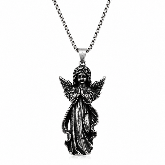 Unisex Vintage Angel Pendant Necklace Stainless Steel Dark Silver Gothic Prayer Angel Charm Chain Necklace Gift for Men Women PN0019