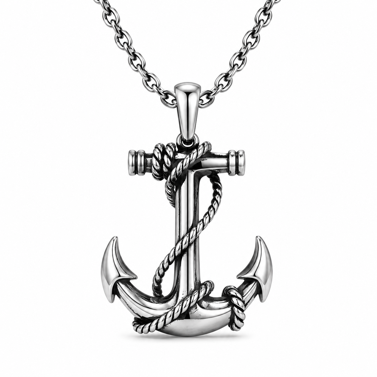 Unisex Anchor Pendant Necklace Stainless Steel Nautical Sailor Rope Charm Vintage Necklace 60cm Chain Gift PN0013