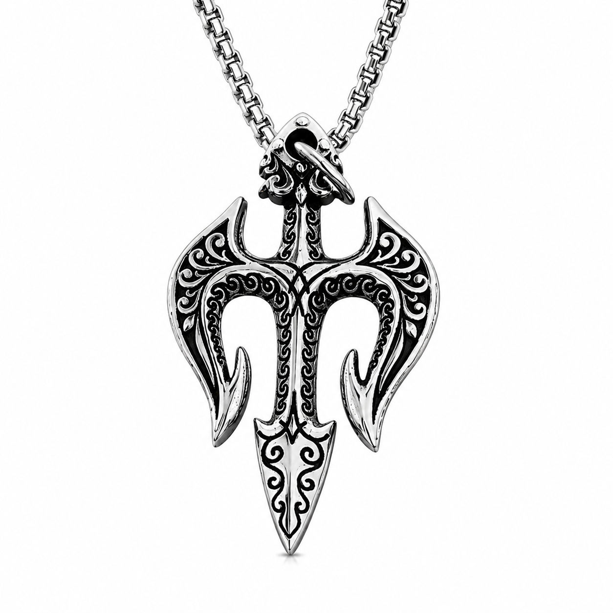 Men Vintage Poseidon Trident Pendant Necklace Gothic Greek Mythology Amulet Stainless Steel Chain PN0001