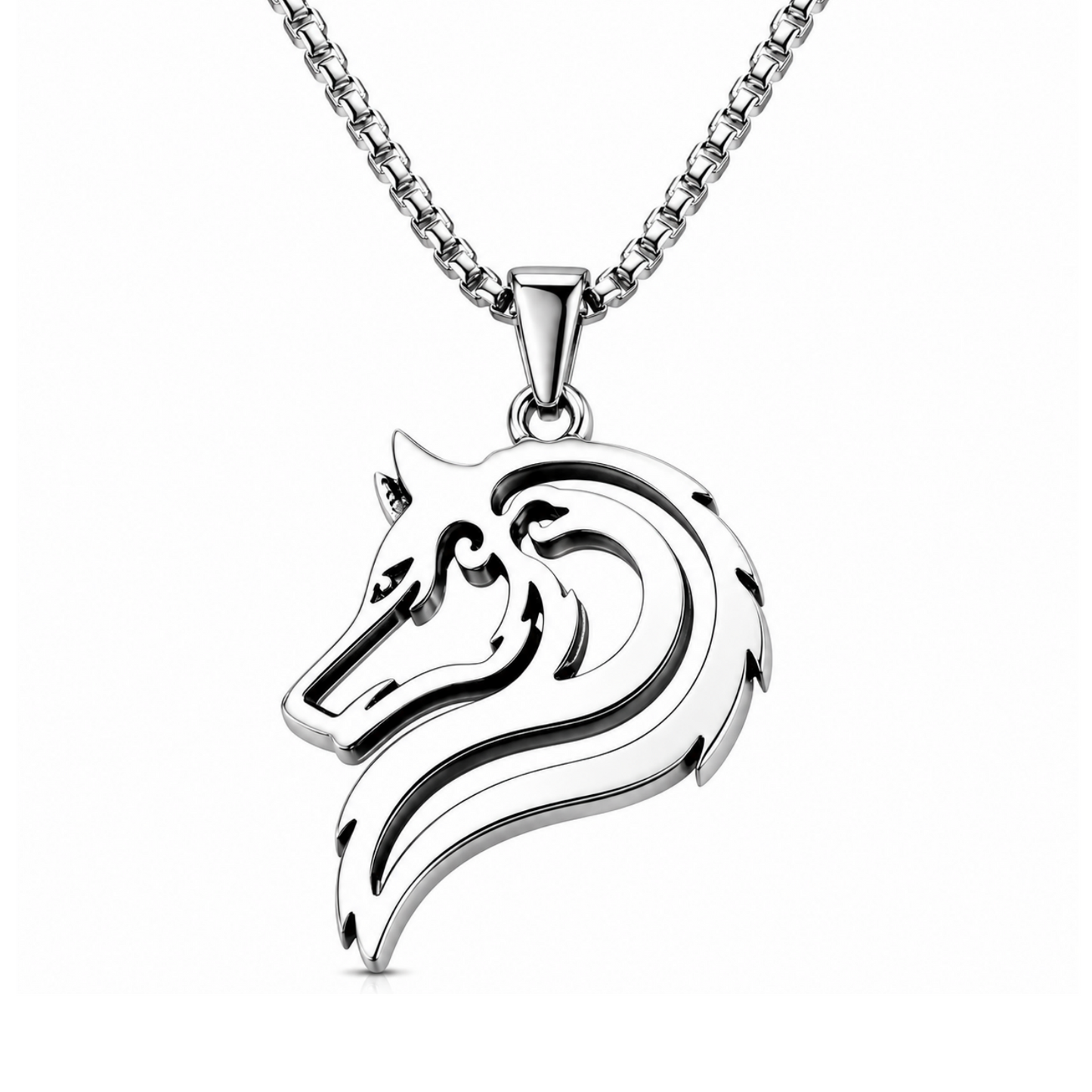 Wolf Head Pendant Stainless Steel Silver Tribal Animal Totem Wolf Necklace Chain PN0012