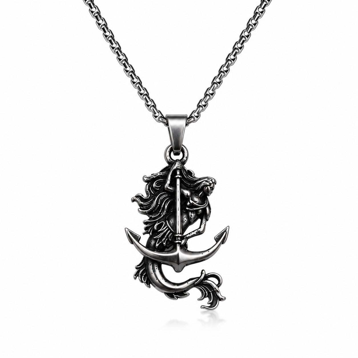 Vintage Mermaid Anchor Pendant Necklace Stainless Steel Dark Silver Nautical Chain PN0021