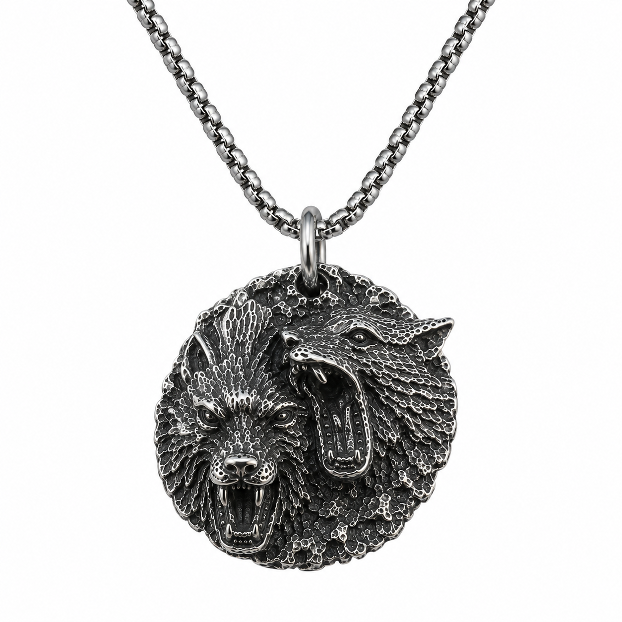 Vintage Wolf Pendant Necklace Dark Silver Stainless Steel Viking Animal Medallion Chain Gift for Men Women PN0017