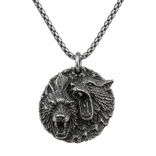 Vintage Wolf Pendant Necklace Dark Silver Stainless Steel Viking Animal Medallion Chain Gift for Men Women PN0017