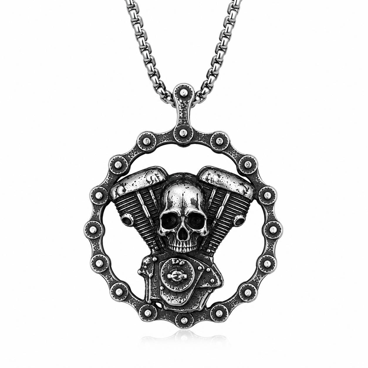 Retro Vintage Skull Motorcycle Engine Pendant Necklace Stainless Steel Biker Punk Gothic Chain Heavy Metal Gift PN0009