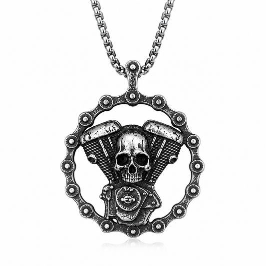 Retro Vintage Skull Motorcycle Engine Pendant Necklace Stainless Steel Biker Punk Gothic Chain Heavy Metal Gift PN0009